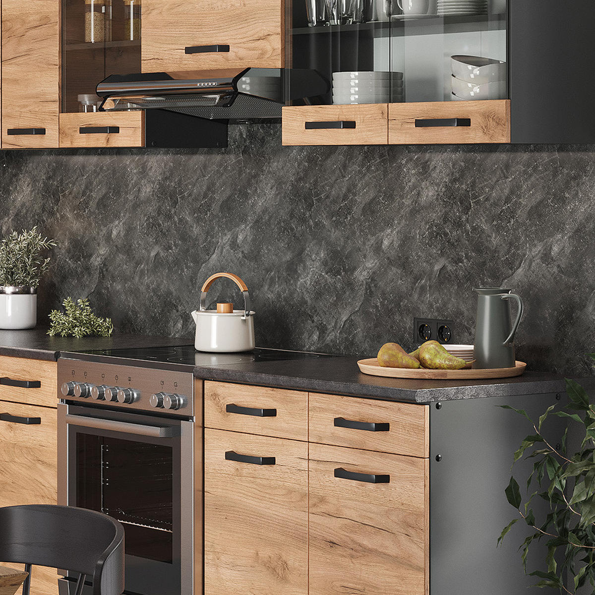 ECKKÜCHE Rick Anthrazit/Goldkraft Eiche 267 x 167 cm , AP Schwarz - Anthrazit/Eiche Wotan, Holzwerkstoff (270/81.6/60cm) - Vicco