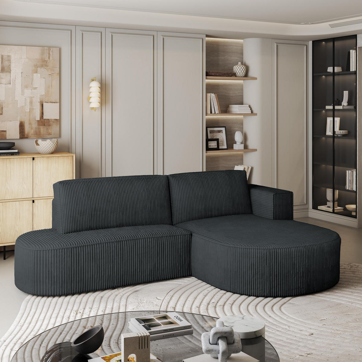 ECKSOFA CORTIO P R-S Graphitfarben Kordstoff mit Schlaffunktion - Graphitfarben, Holz (265/174cm) - MASSENO