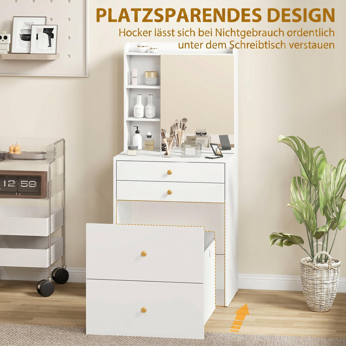 SCHMINKTISCH-SET Leinen (100 % Polyester), Spanplatte Weiß - Weiß, Holzwerkstoff/Textil (40/132.5/60cm) - HOMCOM