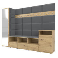 GARDEROBE NELA XI 250 cm (Modulare Flurmöbel Artisan Eiche mit Spiegel & Sitzpolster Dunkelgrau 15 Großes Set) - Dunkelgrau/Silberfarben, Holz/Holzwerkstoff (250/187/40cm) - Ravio