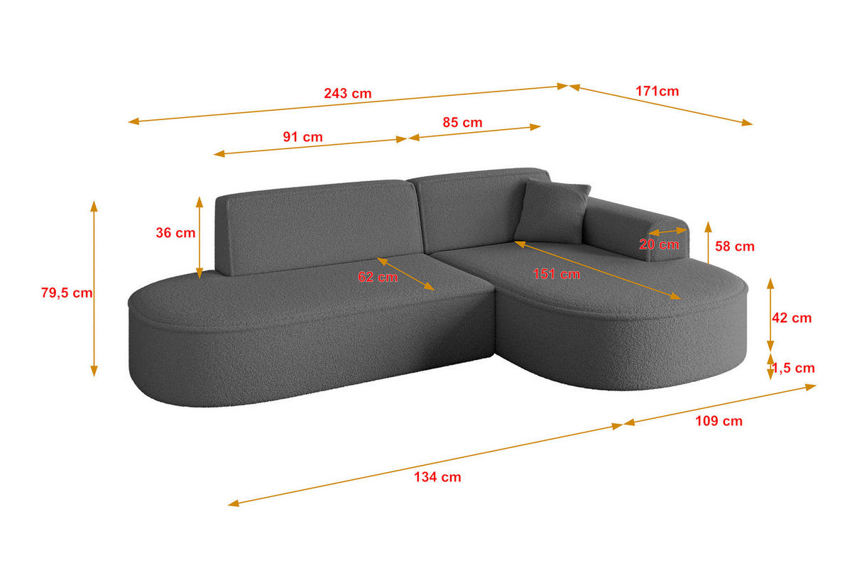 ECKSOFA Ottomane Rechts MARI-L1 - 243x171x79 cm Grau Bouclé - Schwarz/Grau, Holzwerkstoff/Kunststoff (234/163cm) - ALTDECOR