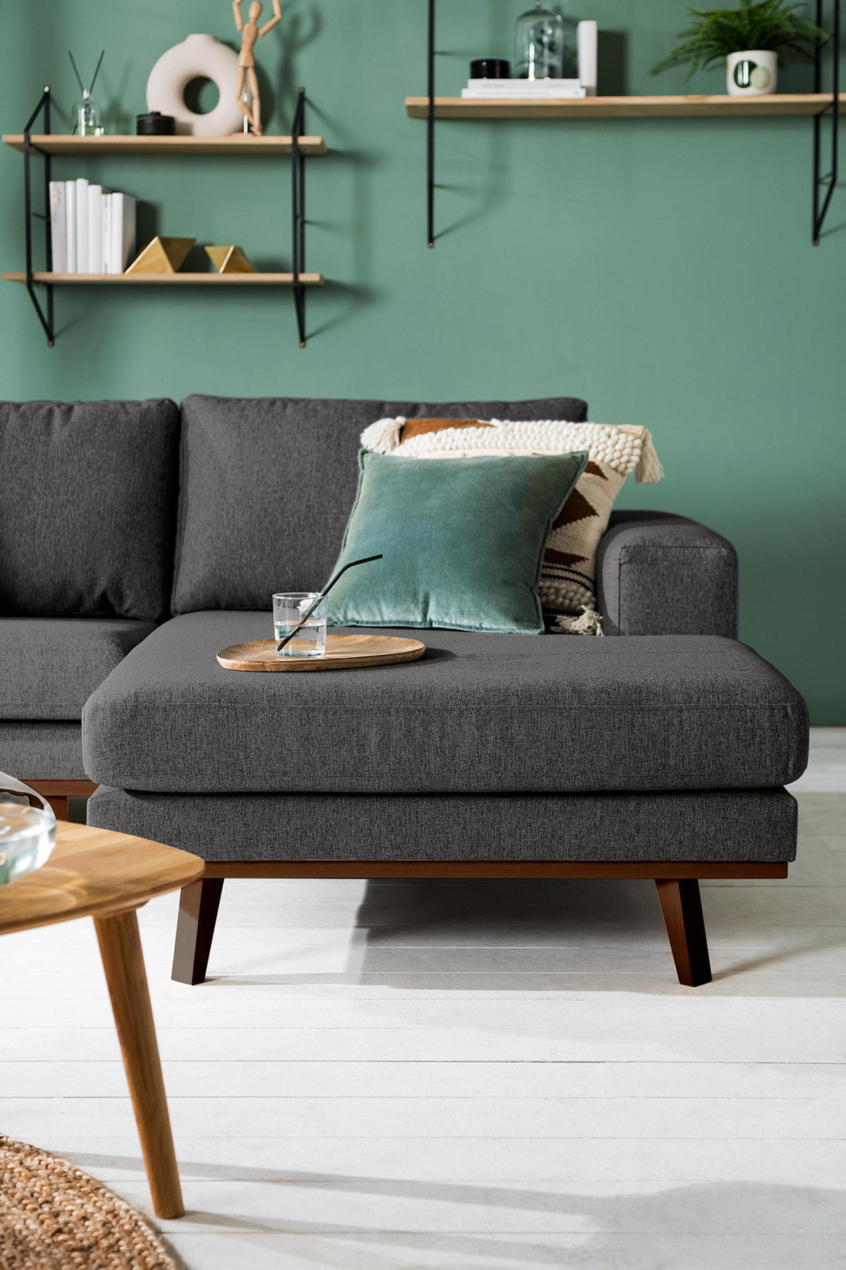 WOHNLANDSCHAFT mit Longchair - Dunkelgrau/Buchefarben, Textil (371/81/219cm) - home24