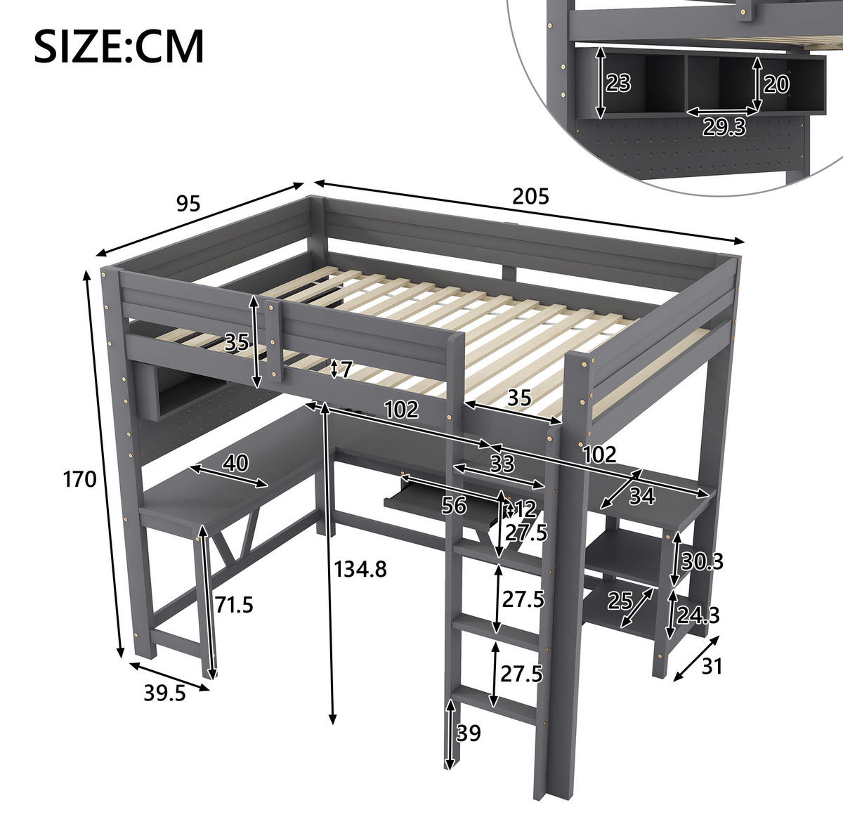 HOCHBETT mit Schreibtisch, Stauraum und LED 90x200 cm Grau, Kiefer/MDF - Grau, Holzwerkstoff (90/200cm) - Beauniv
