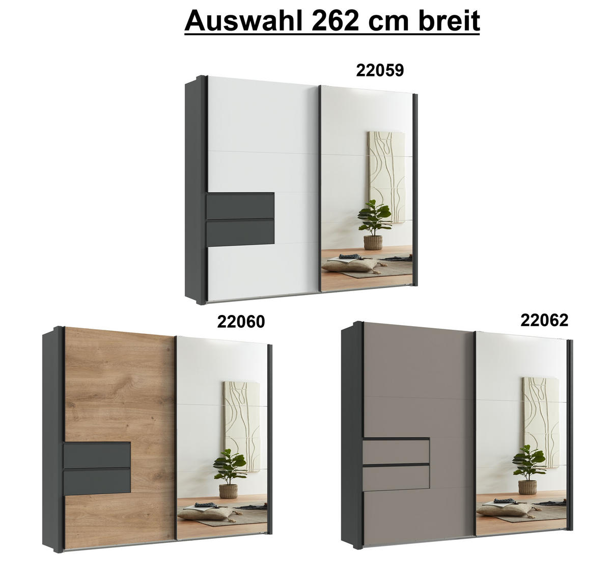 SCHWEBETÜRENSCHRANK B262/H216/T65 cm, Korpus+Passepartout+Schubladen Grafit, Türen in Eiche Dekor / Spiegel, inkl. Vollausstattung / 22060 - Eichefarben/Bordeaux, Holzwerkstoff/Metall (262/216/65cm) - luma-home