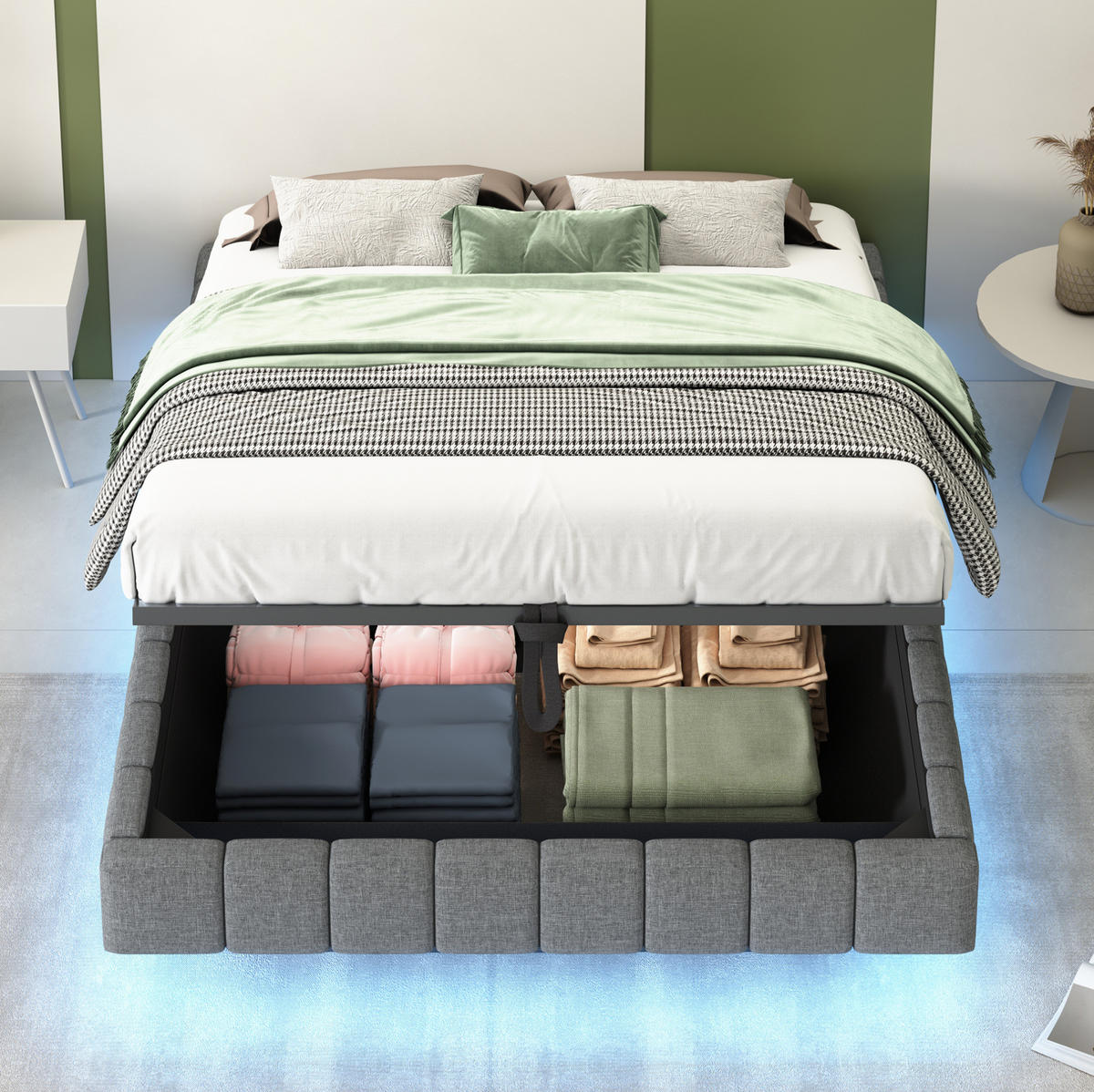 ČALÚNENÁ posteľ 140/200 cm s LED osvetlením, úložným priestorom a bez čela, Sivá/Béžová - sivá, textil (140/200cm) - Redom