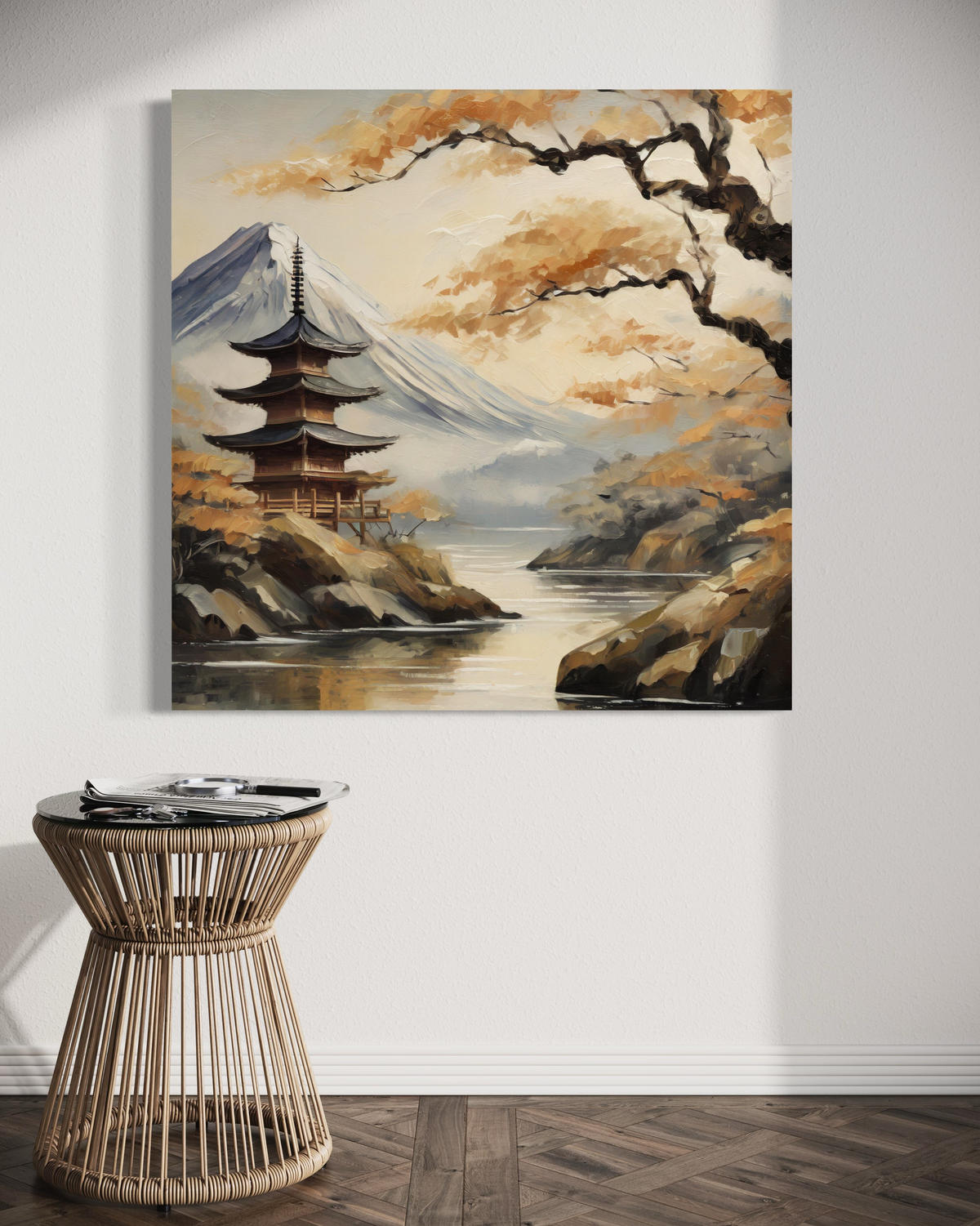 WANDBILD japanische pagode berg landschaft - Beige, Textil (50/50cm) - Feeby