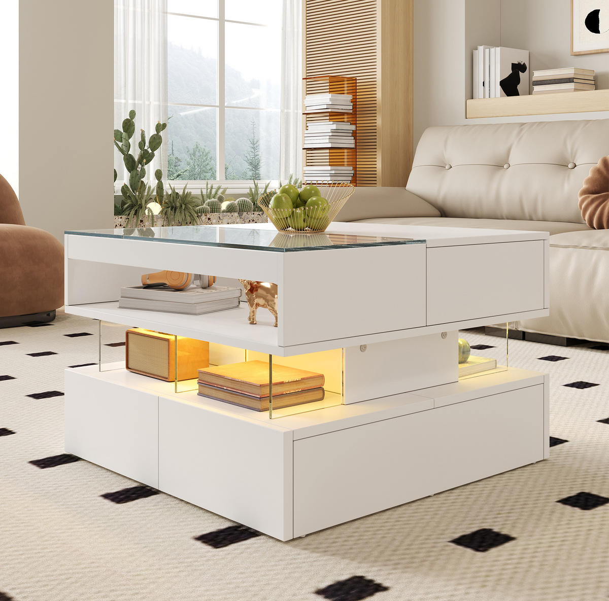 COUCHTISCH 70/67/57 cm weiß aus Spanplatte mit Lift-Top und LED-Beleuchtung - Weiß, Holzwerkstoff (70/70/57cm) - OKMYHOME
