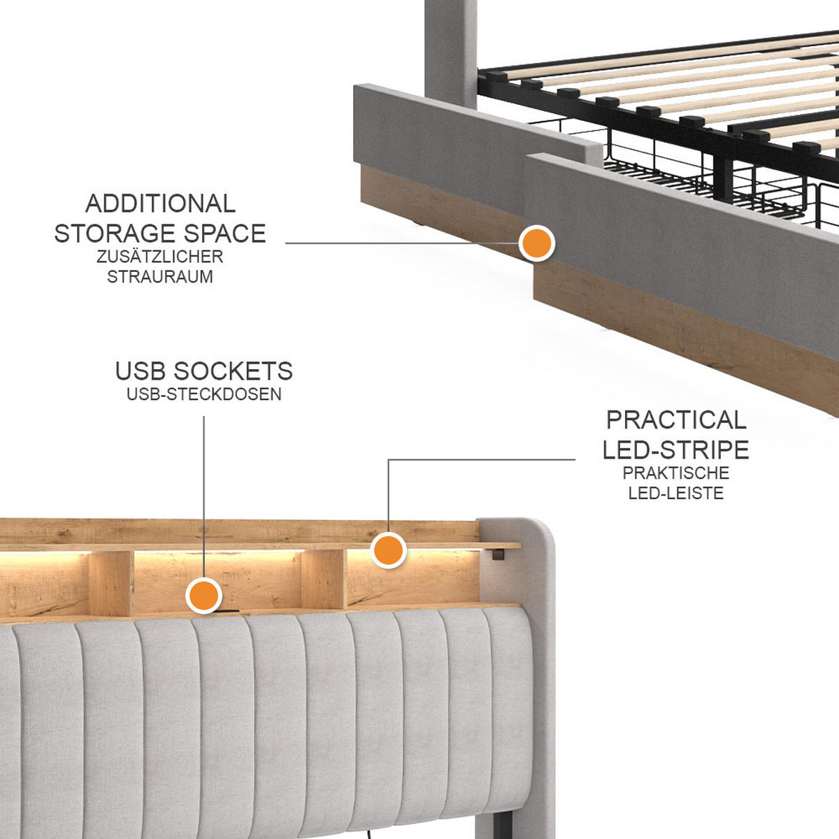 POLSTERBETT Nura Grau 160x200 cm mit 4 Schubladen - Grau, Holzwerkstoff - VitaliSpa