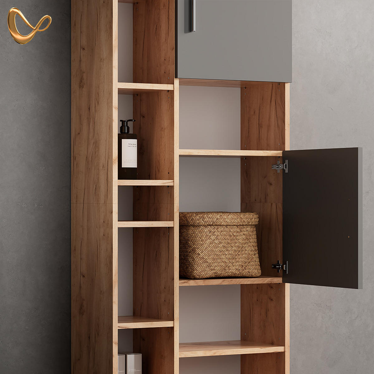 BADMÖBEL-SET Eisak Anthrazit/Goldkraft Eiche 3 Teile, mit Hochschrank - Anthrazit/Eiche Wotan, Holzwerkstoff (80/60/33cm) - Livinity®