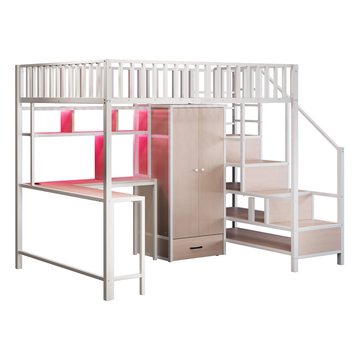 HOCHBETT aus Metall 140x200 cm Weiß mit Schreibtisch, Kleiderschrank, LED-Beleuchtung und Steckdosen - Weiß, Metall (140/200cm) - IVMEU