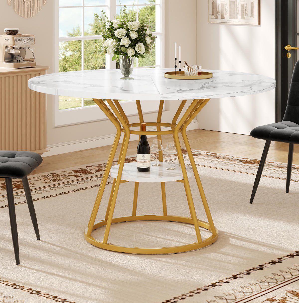 ESSTISCH, MDF in Marmoroptik mit Ablagefläche & Metallgestell, Ø 100/76 cm, Gold - Goldfarben, Holzwerkstoff (100/100/76cm) - Redom