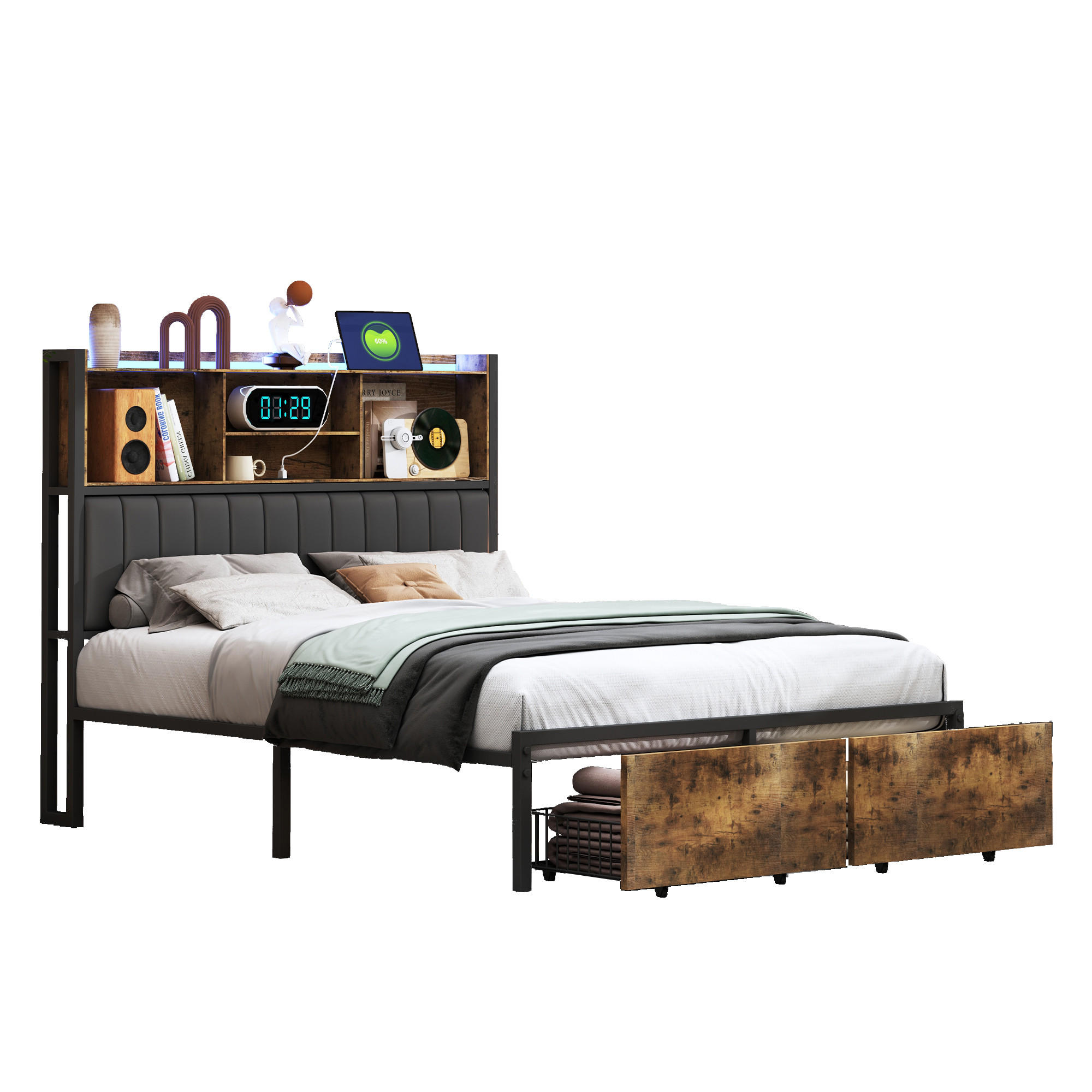 POLSTERBETT 140x200 cm mit Schubladen in Schwarz - Schwarz, Holz/Metall (160/200cm) - PARAFTA HOME