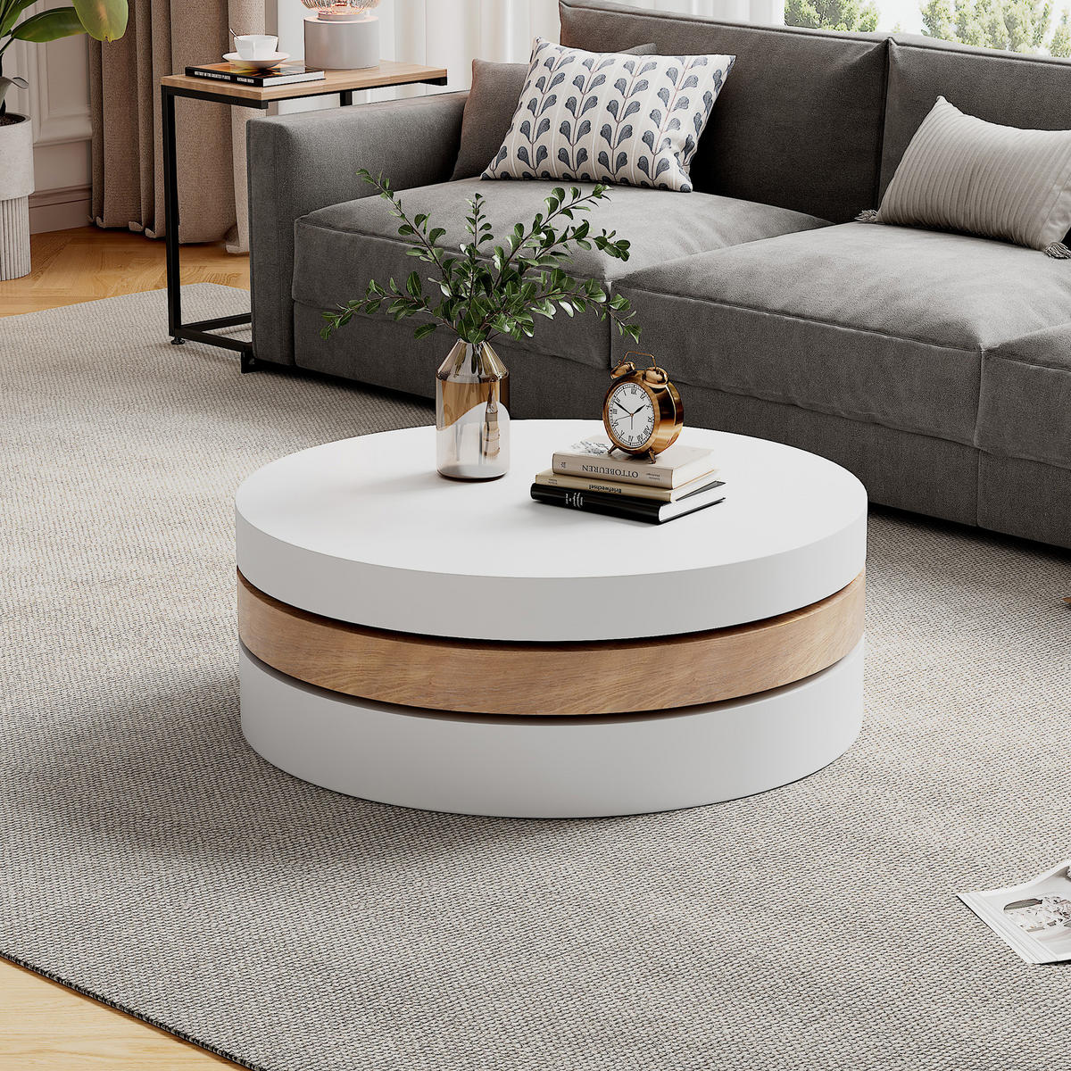 COUCHTISCH rund drehbar Weiß/Natur mit Stauraum 60/60/35,1 cm - Weiß/Naturfarben, Holzwerkstoff (60/60/35.1cm)