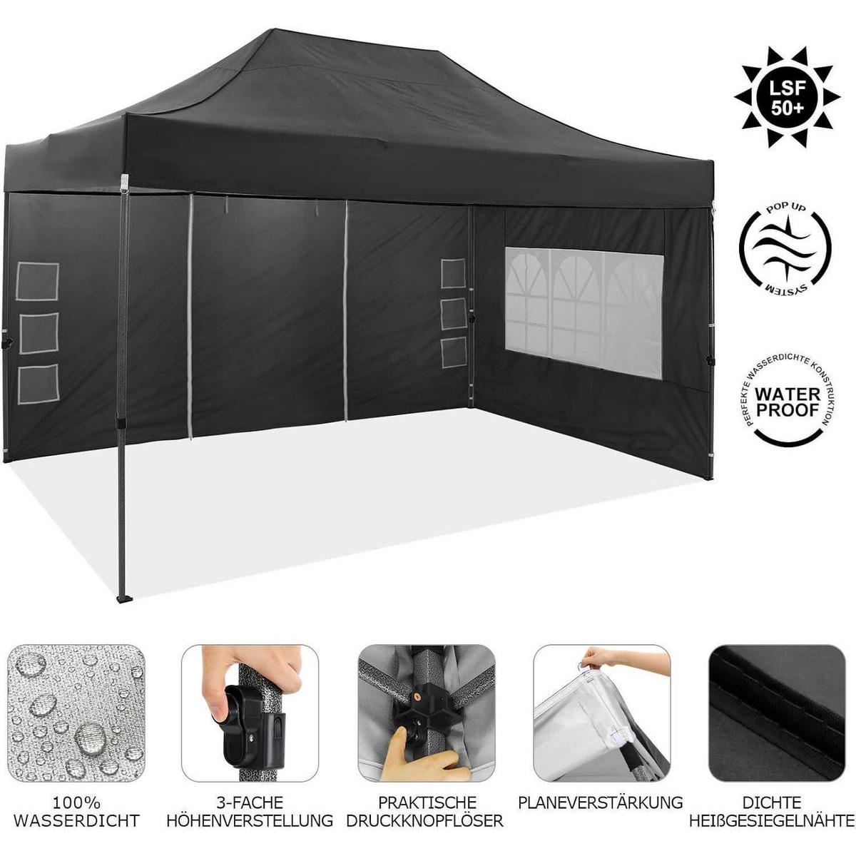 FALTPAVILLON 300 x 450 cm Wasserdicht Schwarz mit 4 Seitenwänden - Schwarz, Textil (300/240/450cm)