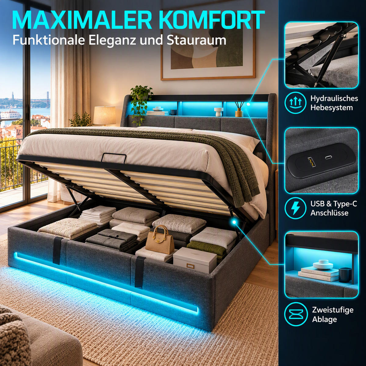 POLSTERBETT 160x200 cm,Bett mit LED-Beleuchtung und Stauraum Kopfteil - Grau, Holz/Textil (160/200cm) - PARAFTA HOME