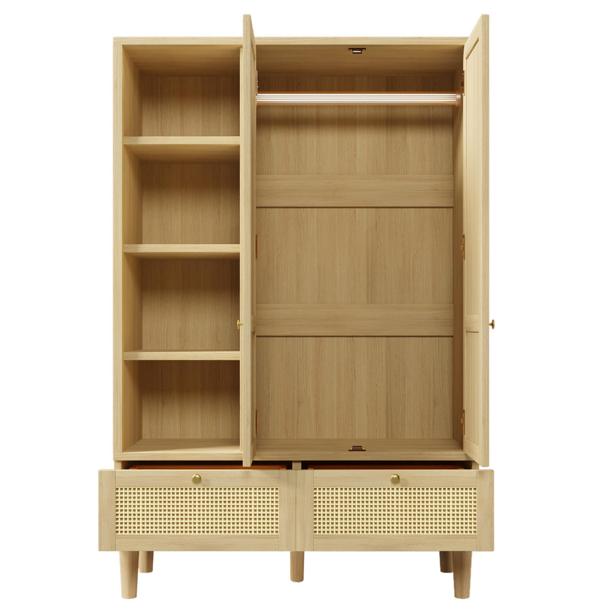 KLEIDERSCHRANK 120/50/180 cm mit 2 Drehtüren, 2 Schubladen und Rattan in Eiche - Eichefarben, Holz (120/180/50cm) - BEAOK