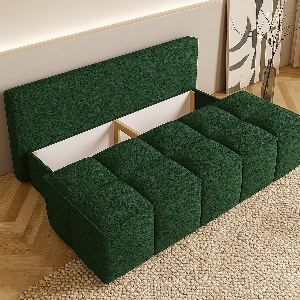 SCHLAFSOFA LORA, Sofa mit Schlaffunktion und Bettkasten, Farbe: Grün, Bouclé-Stoff - Grün, Textil (196/90/85cm) - Sepro Meble