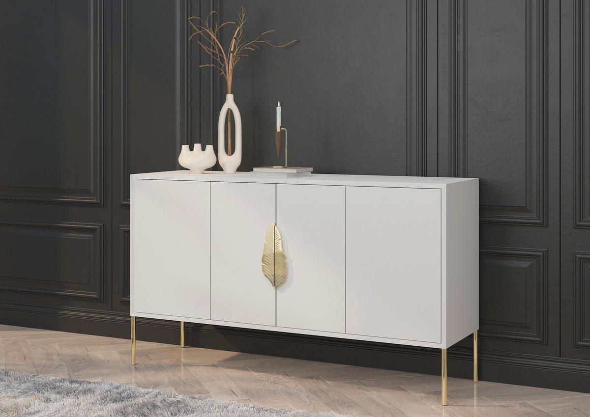 SIDEBOARD Merlin, Weiß, Goldene Details - Goldfarben/Weiß, Holzwerkstoff/Metall (138/79/40cm) - Skandica