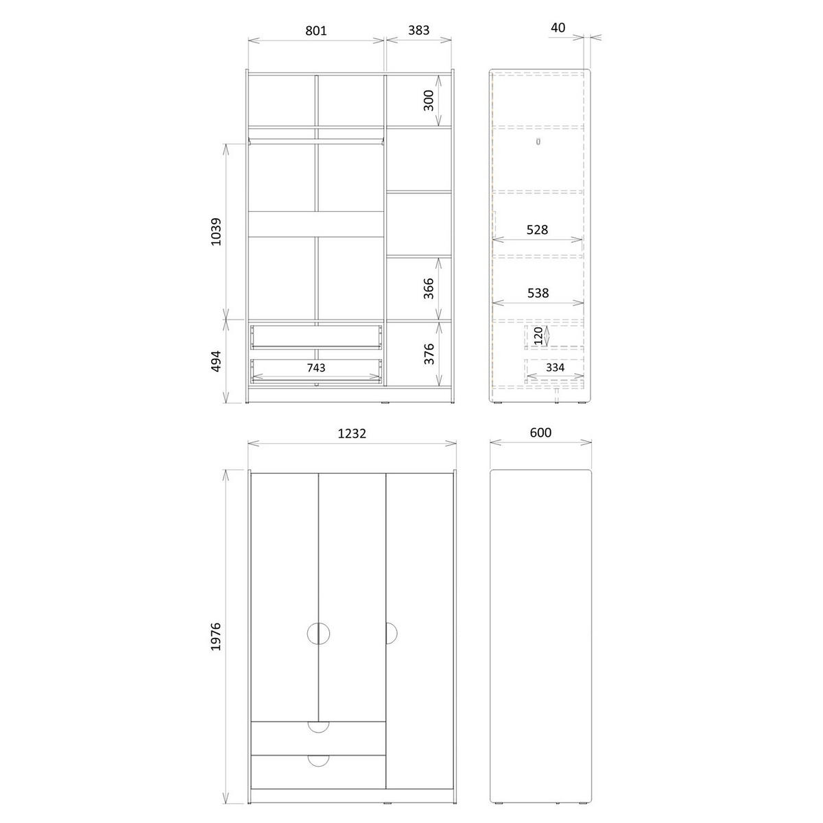 DREHTÜRENSCHRANK Lena mit 3 Türen und 2 Schubladen, 120 cm, für Jugendliche, Eiche Cremona/Macadamia/Puderrosa - Eichefarben/Beige, Holzwerkstoff (123/198/60cm) - Beautysofa