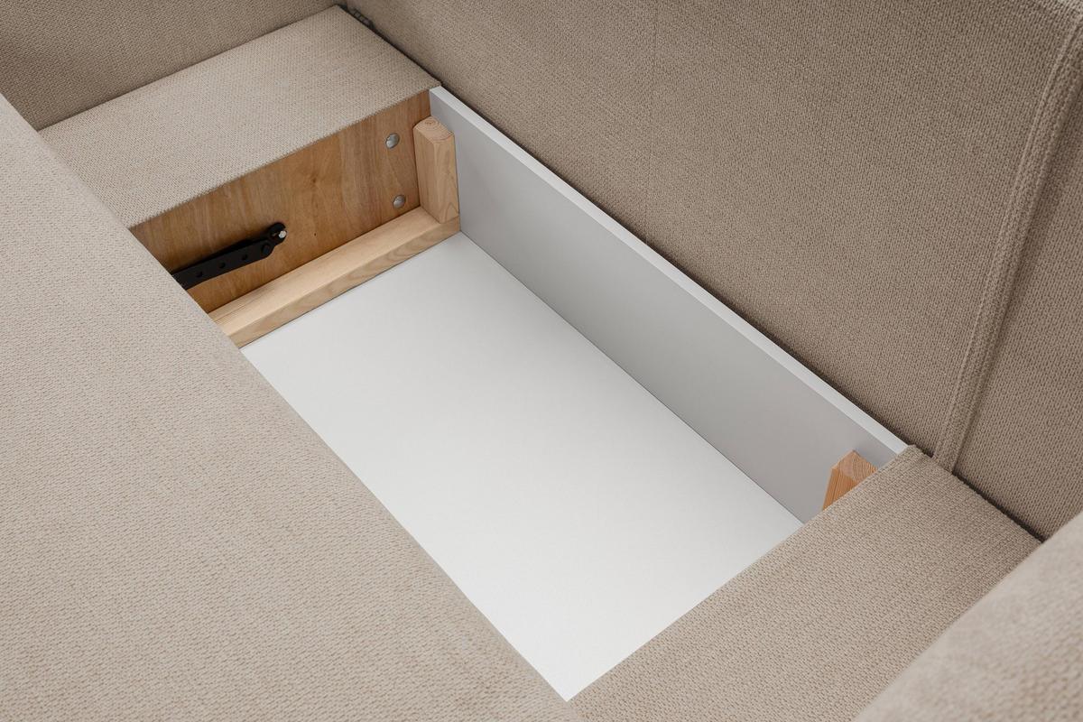 ECKSOFA AMICO L-S Beige Geflochtener Stoff mit Schlaffunktion - Beige, Holz (248/174cm) - MASSENO