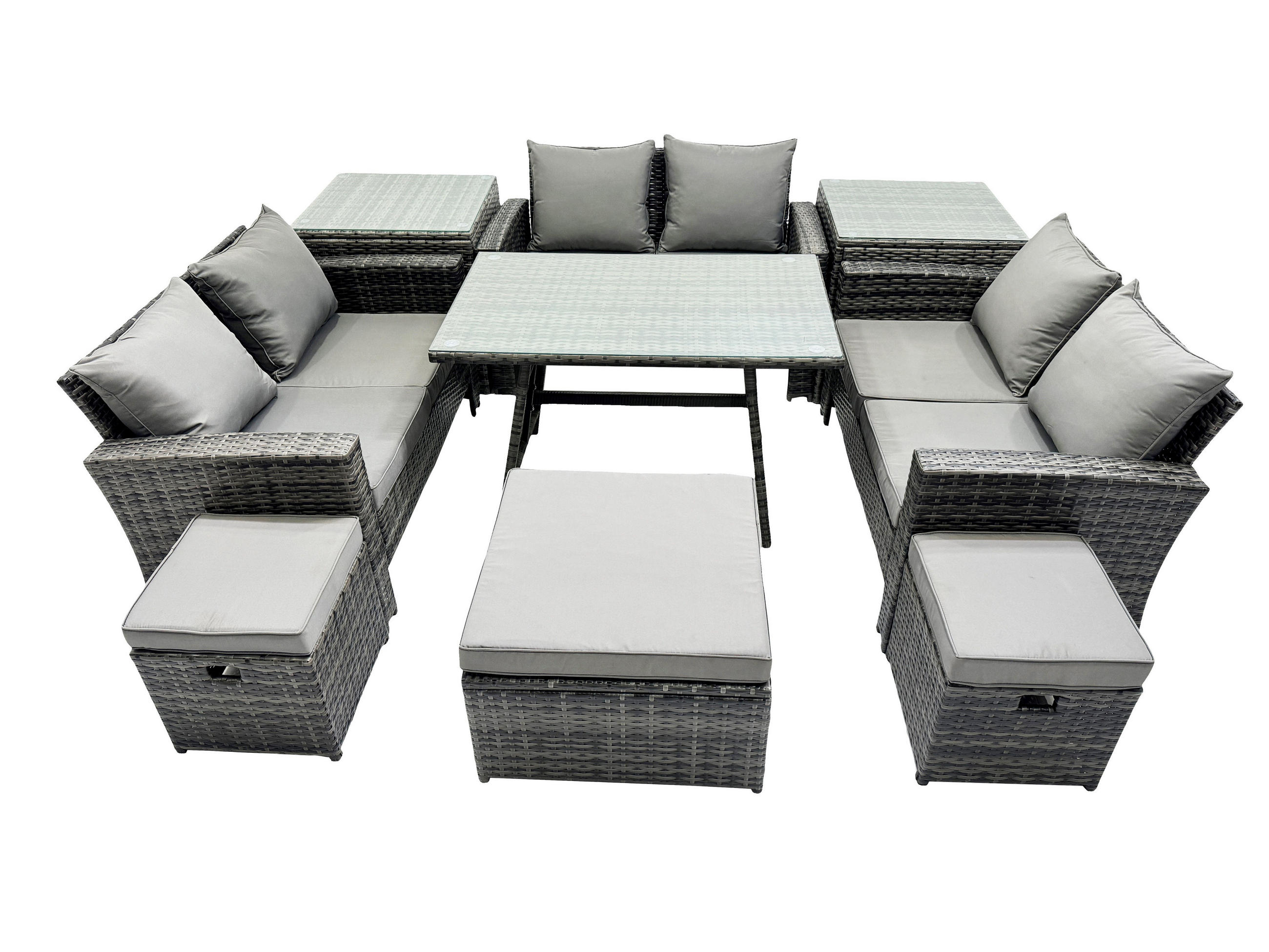 GARTENMÖBELSET mit ESSTISCH,HOCHLEHNER-SOFA Polyrattan Dunkelgrauer Mix 9-Sitzer - Dunkelgrau/Grau, Glas/Kunststoff - Fimous