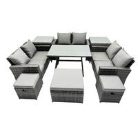 GARTENMÖBELSET mit ESSTISCH,HOCHLEHNER-SOFA Polyrattan Dunkelgrauer Mix 9-Sitzer - Dunkelgrau/Grau, Glas/Kunststoff - Fimous