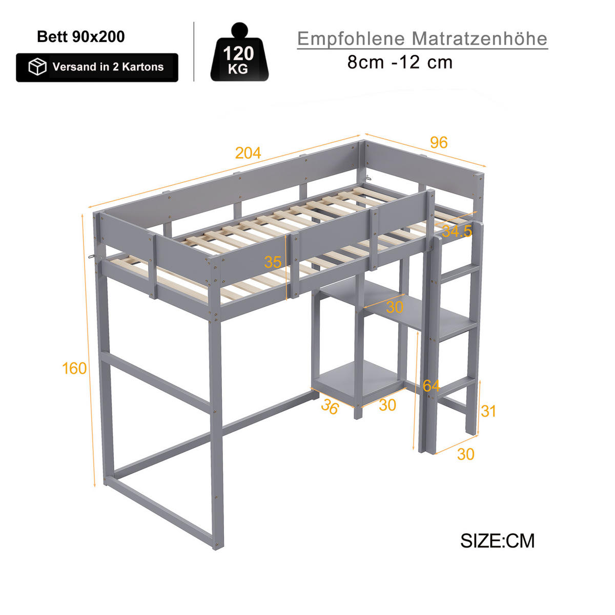 HOCHBETT mit Ablageregal 90/200 cm, Grau aus Kiefernholz - Grau, Holz (90/200cm) - MIVRAY