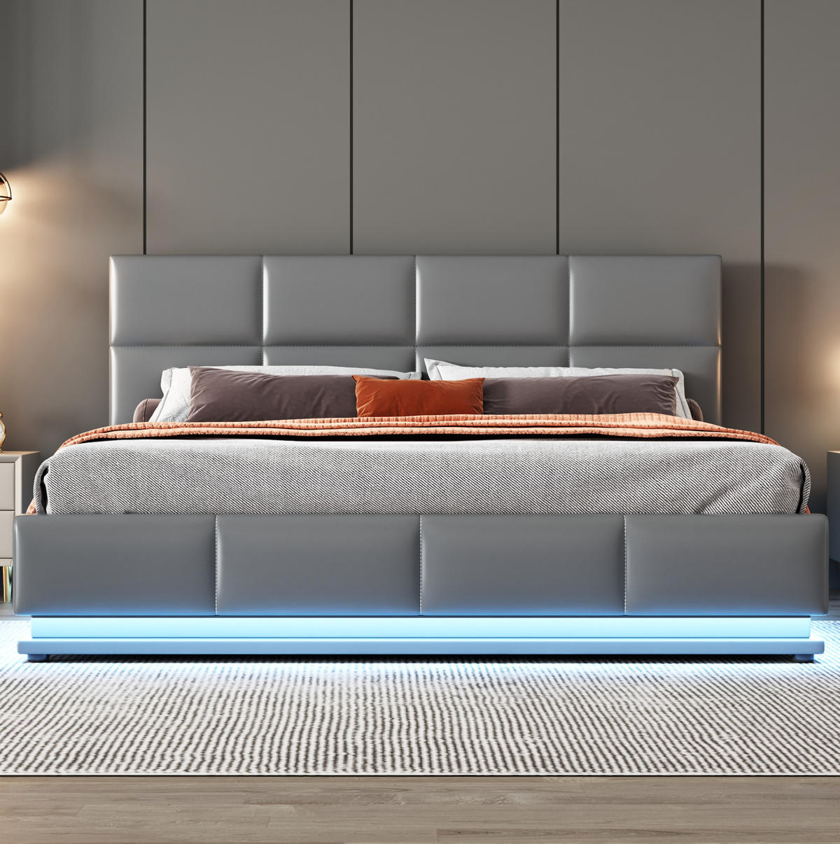POLSTERBETT 160/200 cm mit LED-Beleuchtung, Metalllattenrost und hydraulischem Bettkasten, Grau - Grau, Textil (160/200cm) - Redom