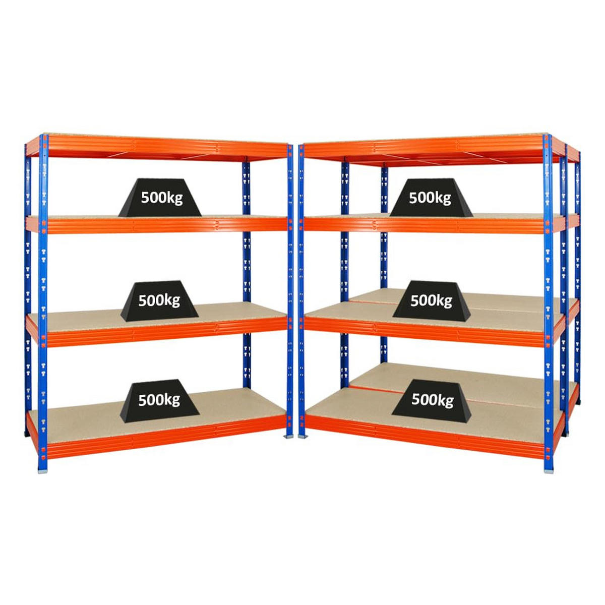SCHWERLASTREGAL Rhino 3er-Set mit 3x 180x160x60 cm 4 Spanplatten-Ebenen 16mm Fachlast 500 kg Blau-Orange - Orange, Metall (480/180/60cm) - PROREGAL