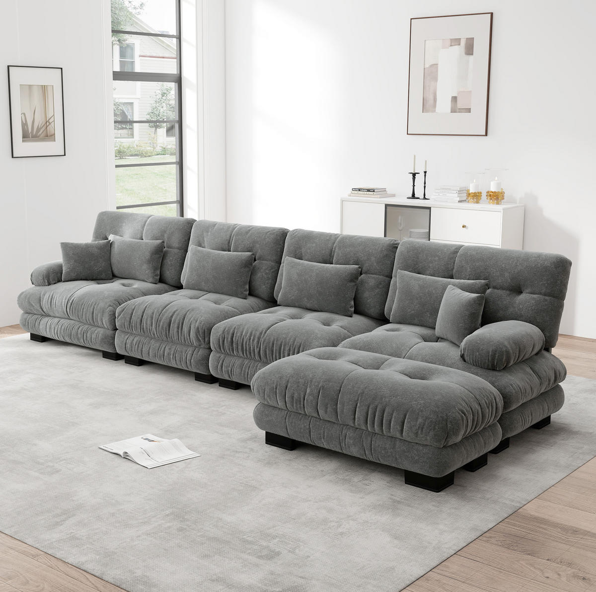 ECKSOFA 406/145/81 cm in Grau aus Chenille mit beweglichem Ottoman - Grau, Textil (145/406cm) - Flora Grace