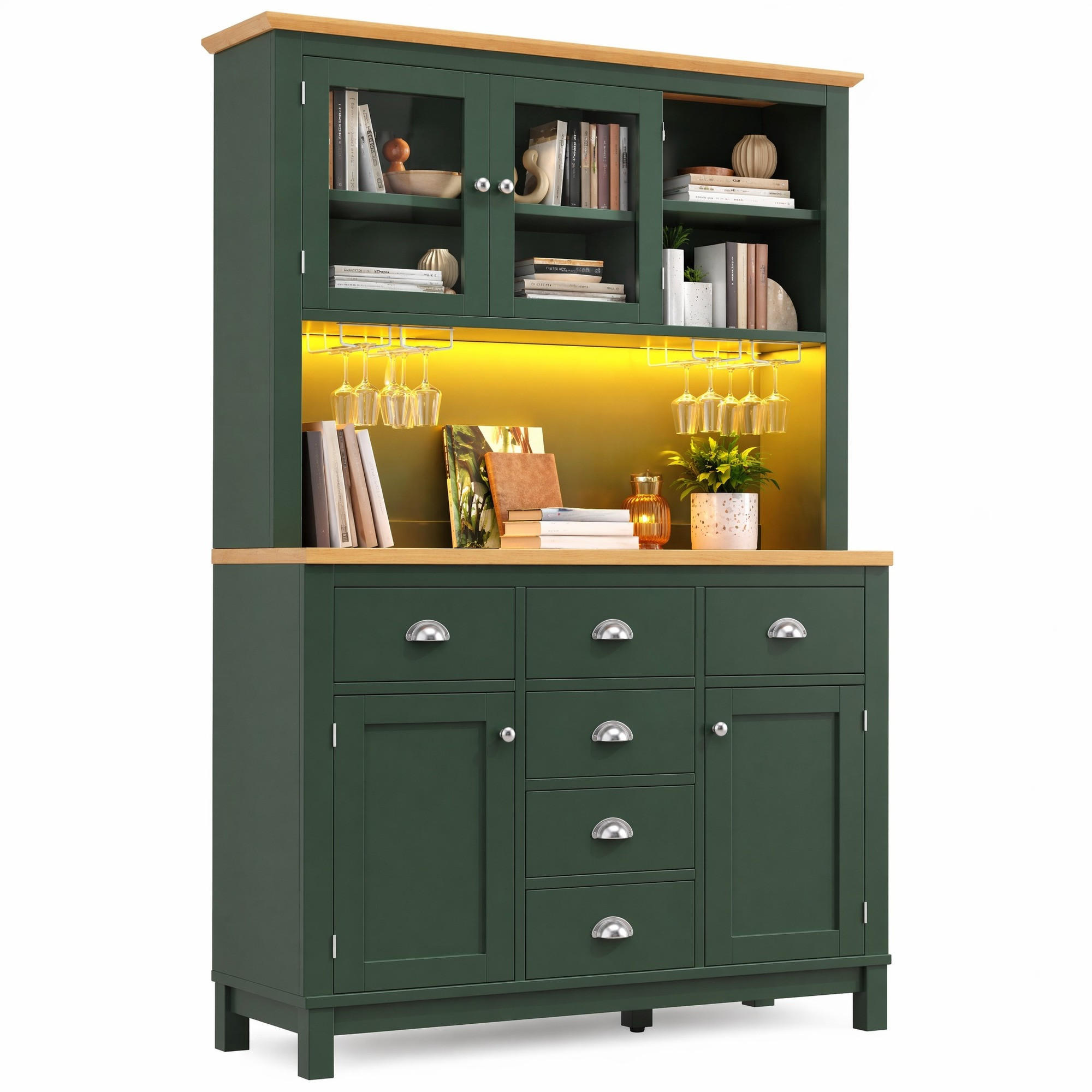 HIGHBOARD in Grün Küchenschrank mit LED-Lichtleiste und Schubladen für Küche und Wohnzimmer, B104/T40/H180 cm - Grün, Glas/Holzwerkstoff (104/180/40cm) - STILVORA