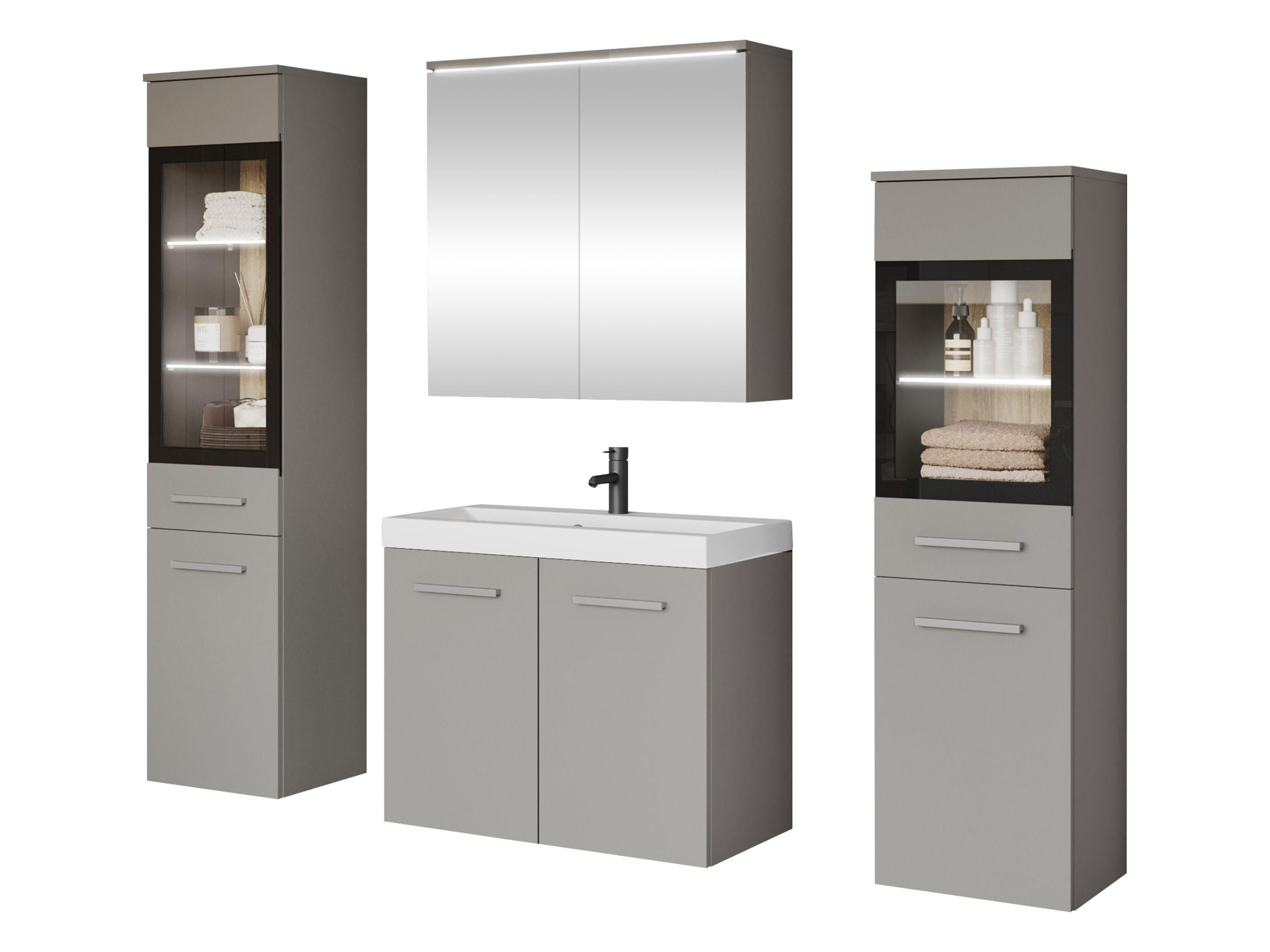 BADMÖBEL-SET Madrit II mit weißer LED Beleuchtung - Greige/Silberfarben, Holzwerkstoff/Kunststoff (132/132/30cm) - MIRJAN24