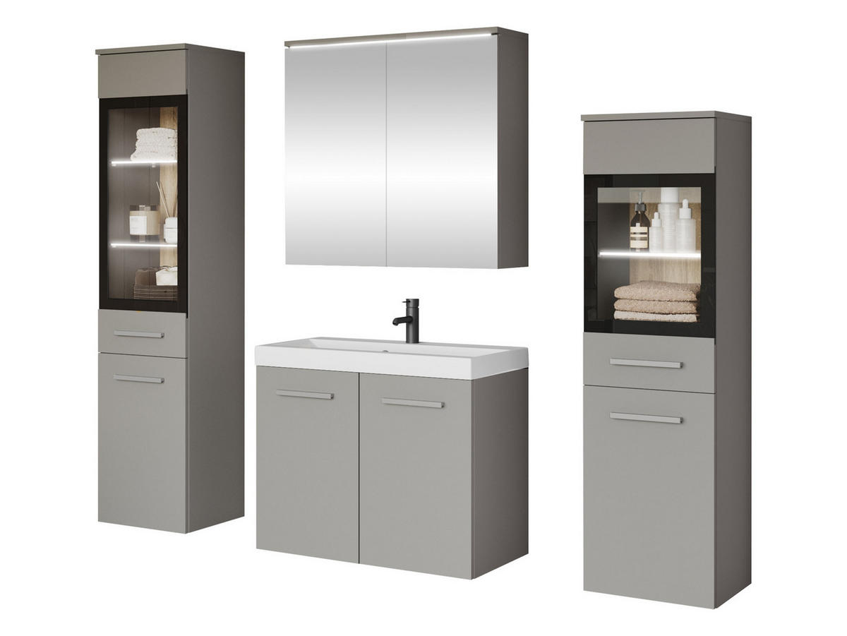 BADMÖBEL-SET Madrit II mit weißer LED Beleuchtung - Greige/Silberfarben, Holzwerkstoff/Kunststoff (132/132/30cm) - MIRJAN24