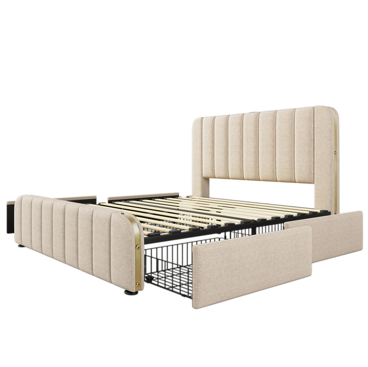 POLSTERBETT 160/200 cm Beige mit USB- und Type-C-Anschlüssen und 4 Schubladen - Beige, Textil (160/200cm) - OKWISH