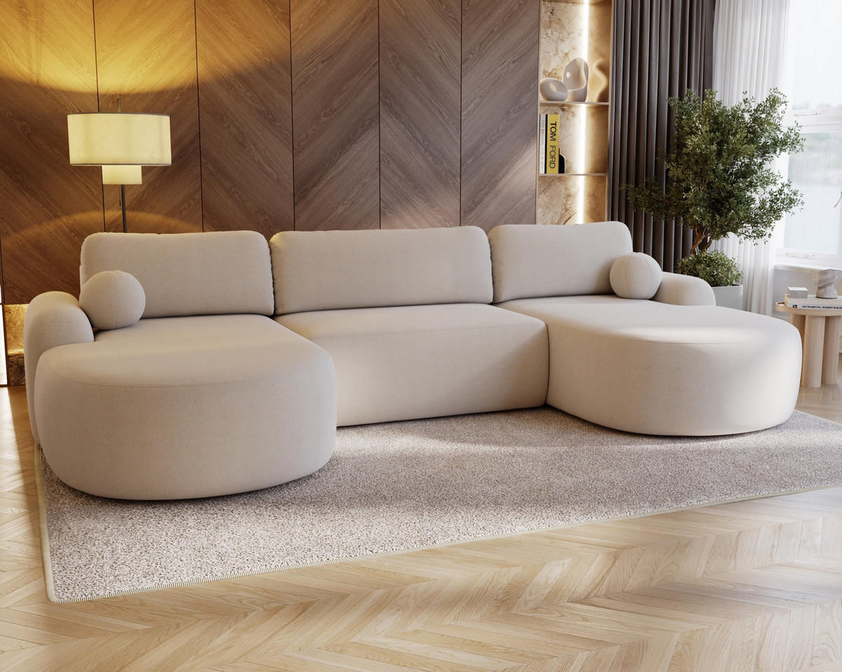 WOHNLANDSCHAFT Cloudy Creme, mit abgerundeten Seiten und Kissen - Creme, Holzwerkstoff (377/92/177cm) - Bettso