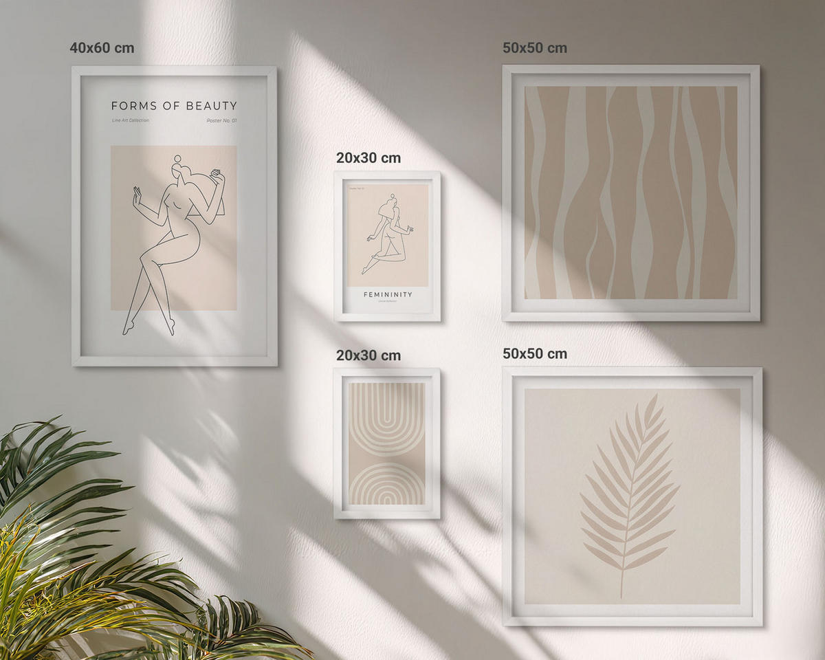 BILDER SET 5er Set - 50x50 cm & 20x30 cm & 40x60 cm Weißer Rahmen - Abstrakte Boho-Dekorationen - Weiß, Kunststoff (40/60cm) - TULUP