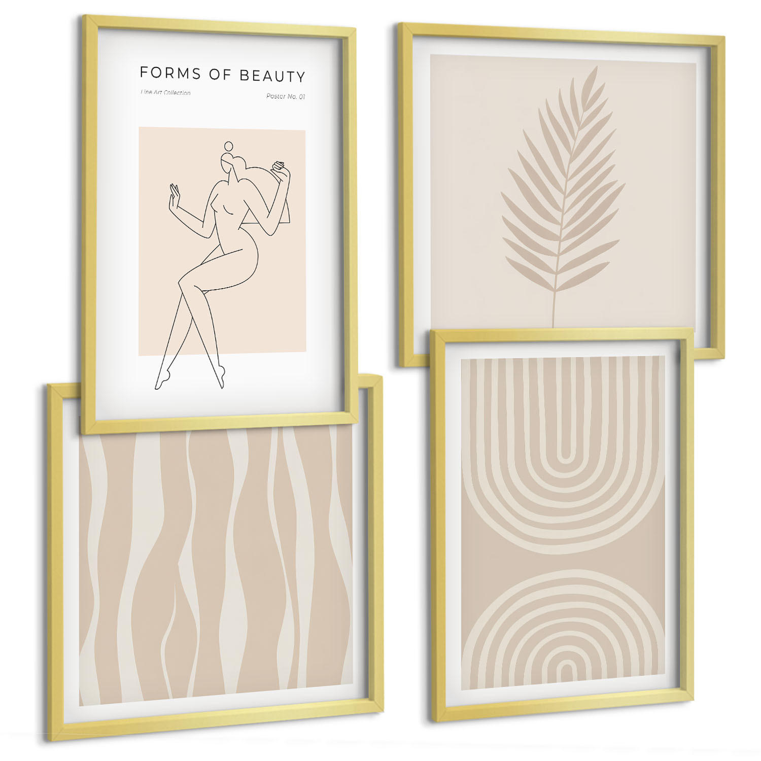 BILDER SET 4er Set - 50x50 cm & 40x60 cm Goldrahmen - Abstrakte Boho-Dekorationen - Goldfarben, Kunststoff (50/50cm) - TULUP