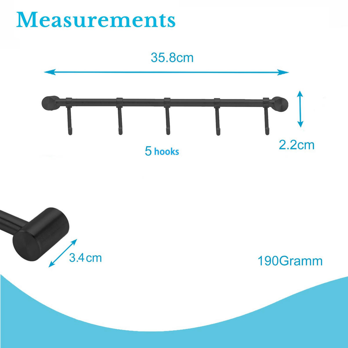 KÜCHEN HAKENLEISTE mit 5 Haken - Schwarz, Metall (3.4/2.2/35.8cm) - Intirilife
