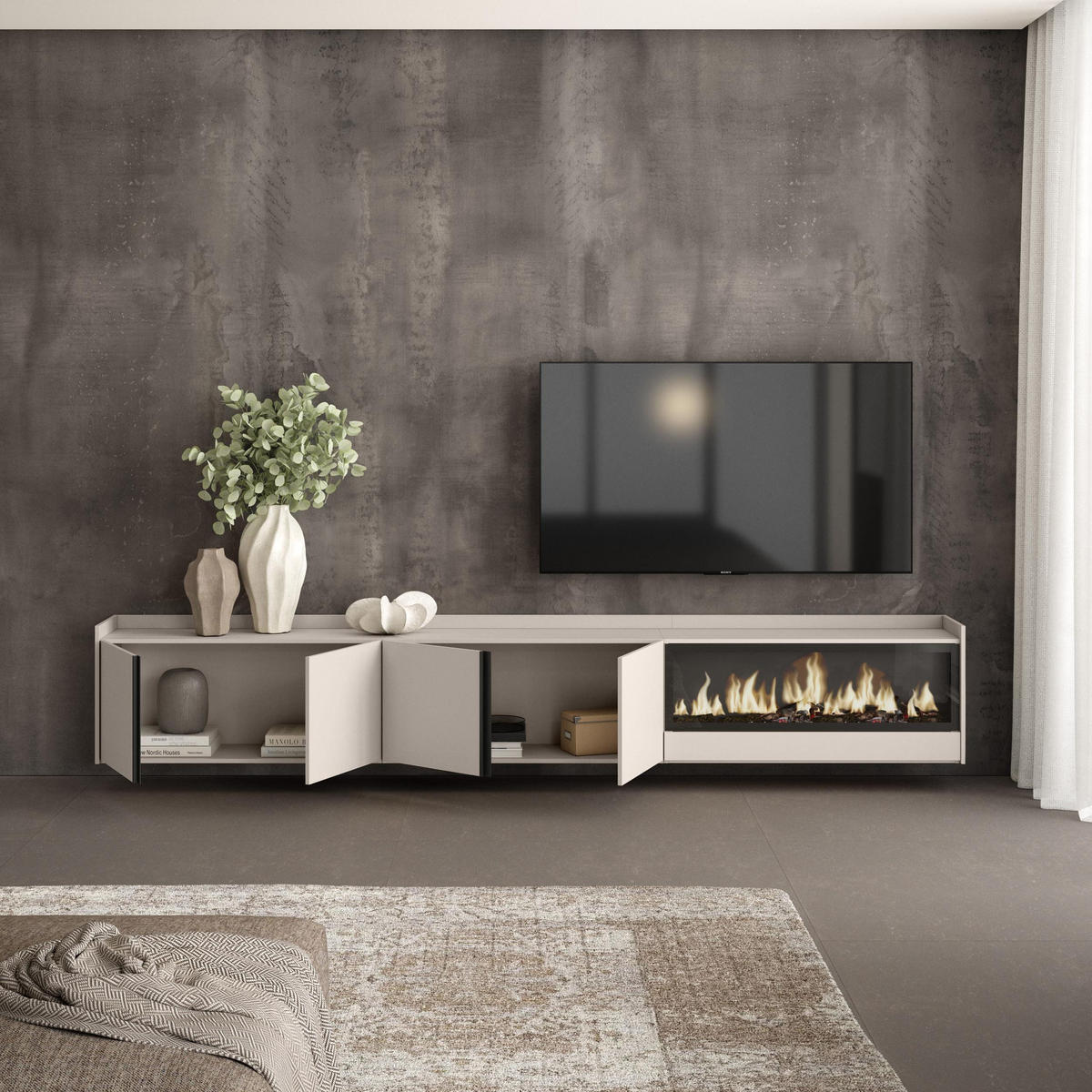 LOWBOARD, Beige, 315/35/50cm, Kamin mit Feuereffekt XXL - Beige, Holzwerkstoff (315/50/35cm) - Skraut Home