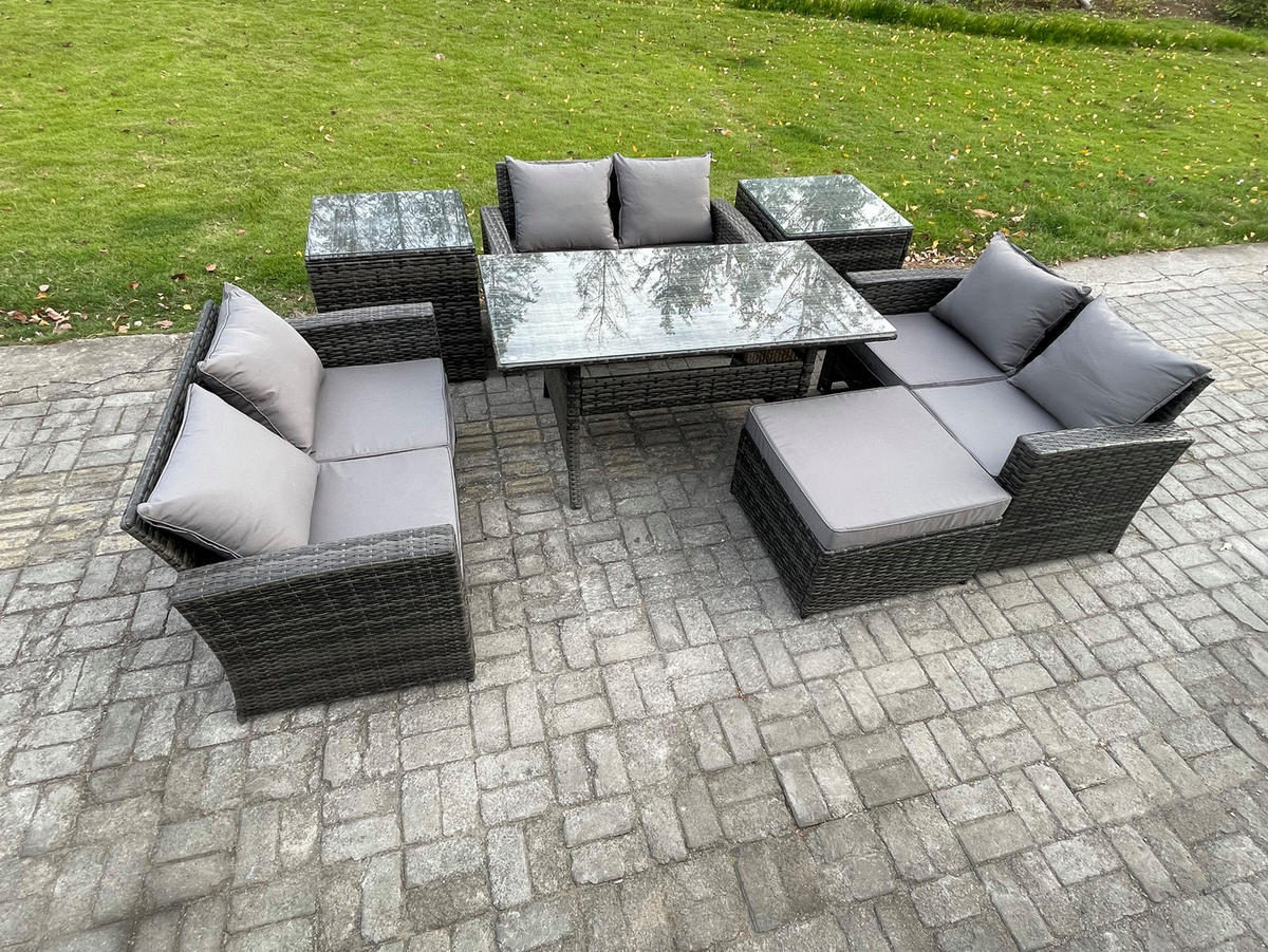 GARTENMÖBELSET mit Zweisitzer,Fußhocker,Esstisch,2 Beistelltischen Polyrattan Dunkelgrau 7-Sitzer - Dunkelgrau/Grau, Glas/Kunststoff - Fimous