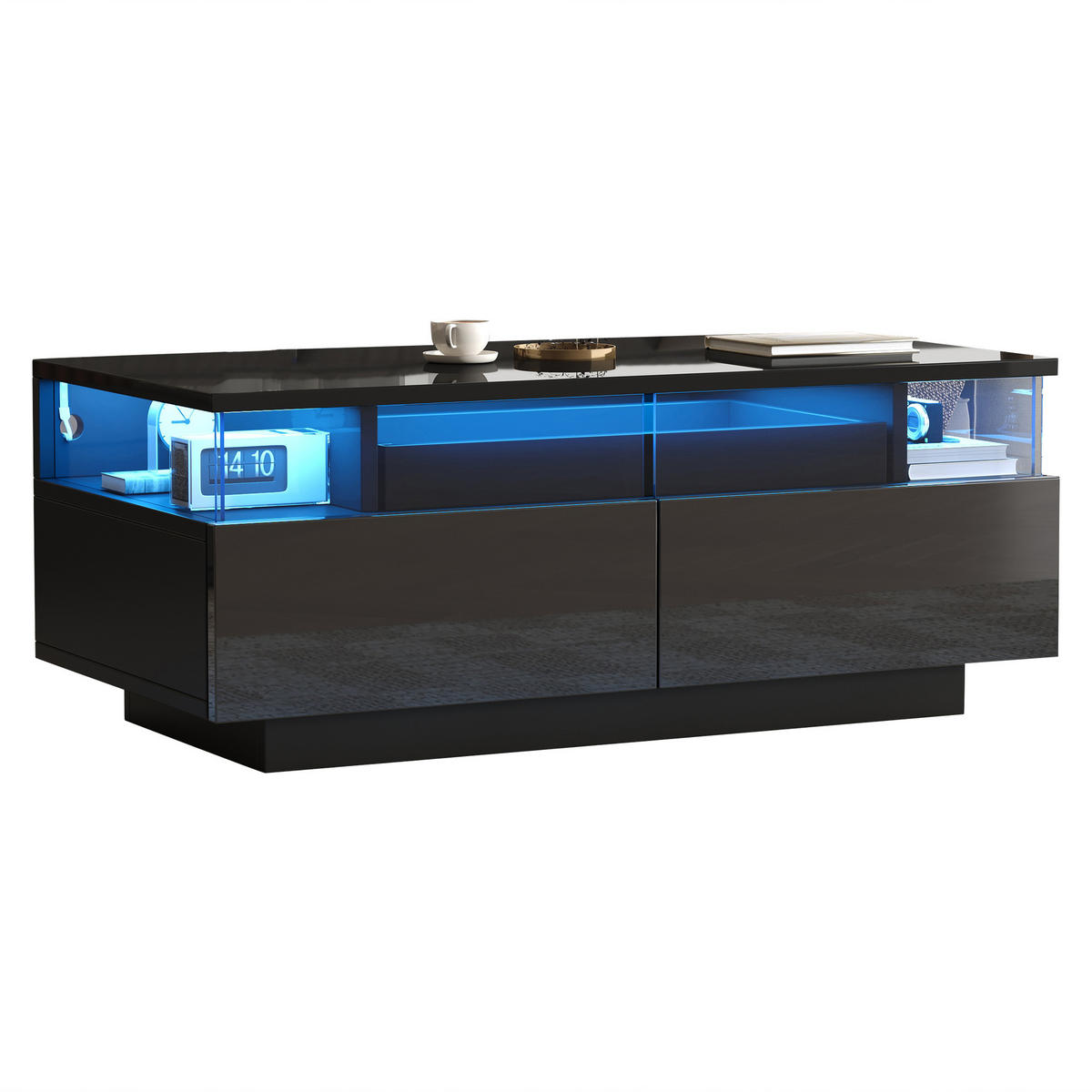 COUCHTISCH 90x45cm Schwarz Hochglanz LED 2 Schubladen Tablett Sicherheitsglas - Schwarz, Holz (106.05/49/13.97cm) - FLIEKS