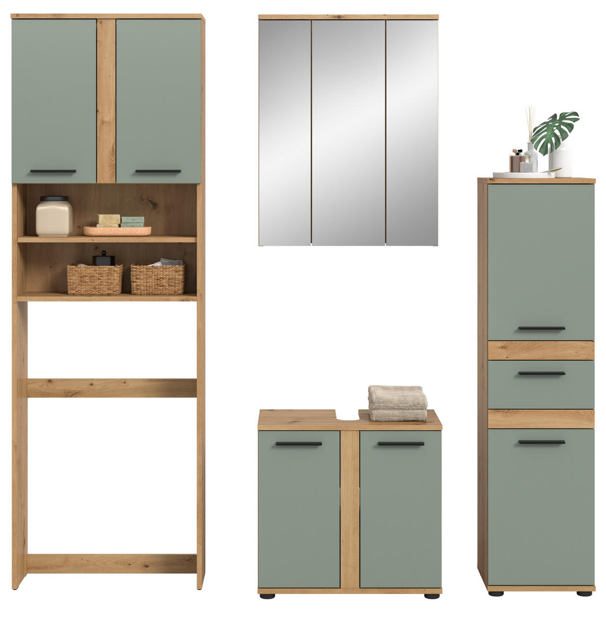 BADMÖBEL-SET 4-teilig Salbei grün, Artisan Eiche 192 cm, Komplett-Set modern - Salbeigrün/Schwarz, Glas/Holzwerkstoff (192/191/34cm) - Inn.Furn