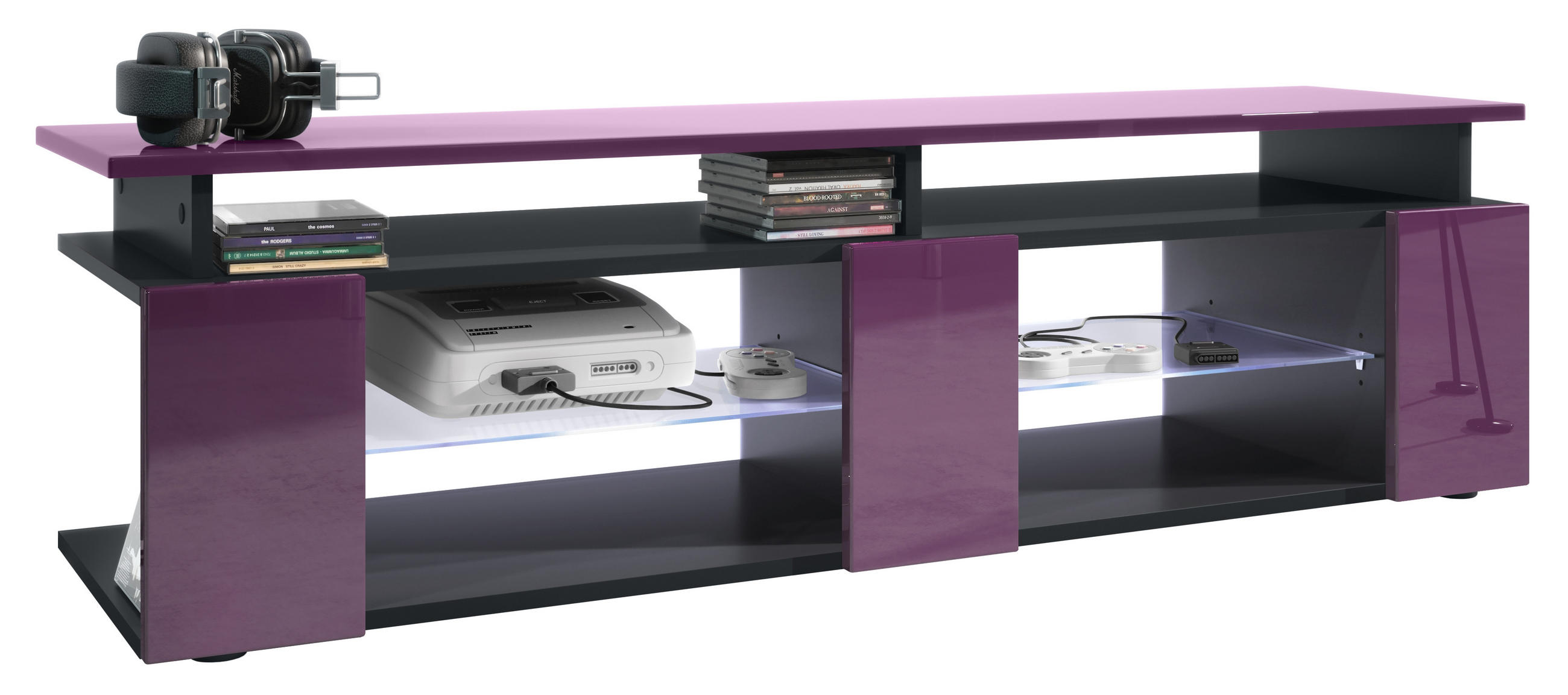 LOWBOARD Movie Fronten und obere Platte des Aufsatzes in Brombeer Hochglanz - Brombeere, Holzwerkstoff (138.5/39/39cm) - Vladon