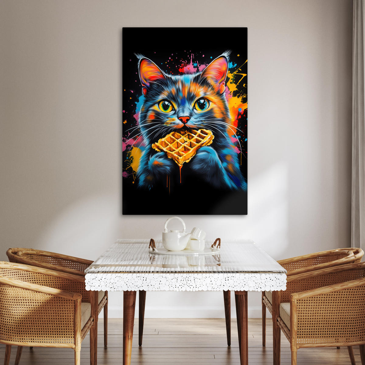 LEINWANDBILD Katze - Graffiti - Bunt - Waffel - Essen 80x120 cm - Türkis, Textil (80/120cm) - MuchoWow
