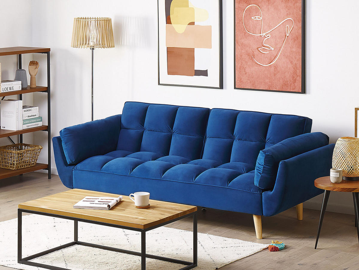 3-SITZER-SCHLAFSOFA Samtstoff Dunkelblau Asby - Hellblau, Textil (218/82/83cm) - Beliani