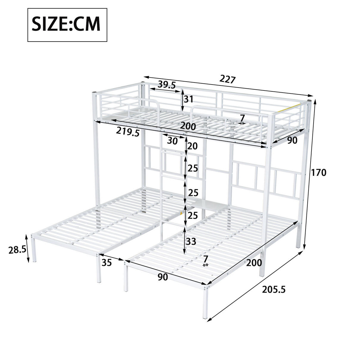 ETAGENBETT Dreifach mit Leiter und Tisch 90/200 cm Weiß - Weiß, Metall (90/200cm) - MIVRAY