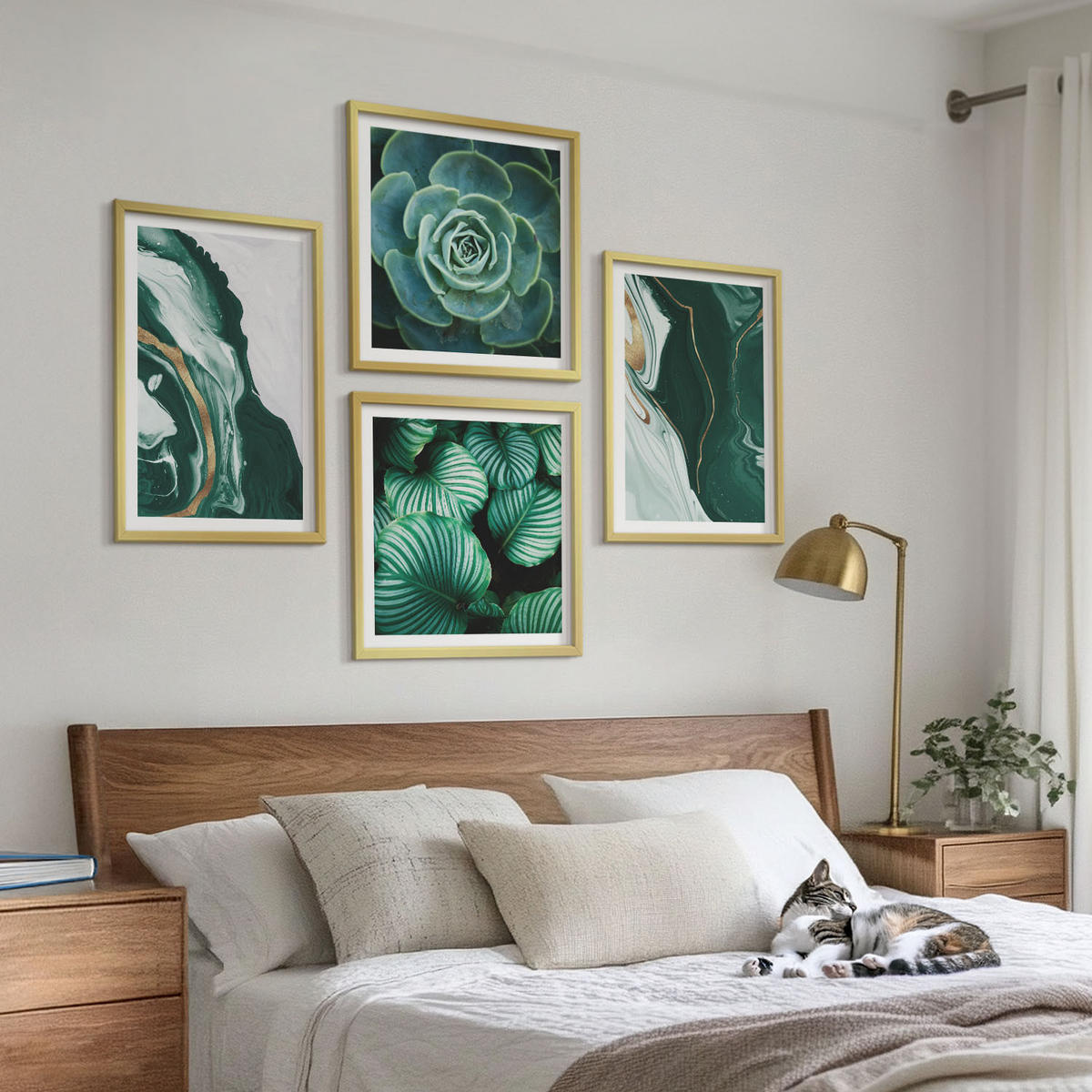 BILDER SET 4er Set - 50x50 cm & 40x60 cm Goldrahmen - Abstrakte Muster von Sukkulentenblättern - Goldfarben, Kunststoff (50/50cm) - TULUP