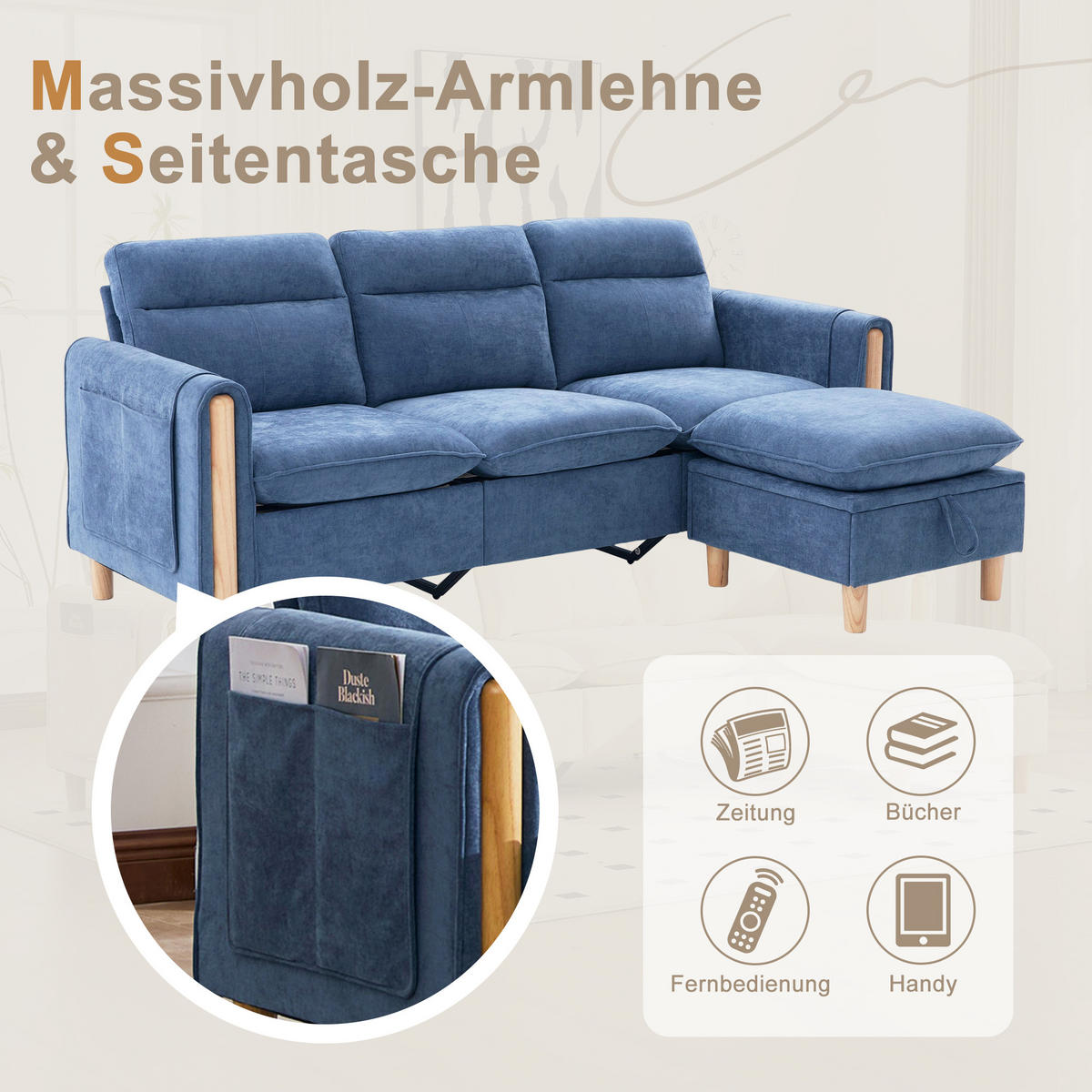 ECKSOFA 201/110/86 cm Blau mit Aufbewahrungshocker und Seitentaschen - Blau, Holz/Textil (201/110cm) - Oxeza
