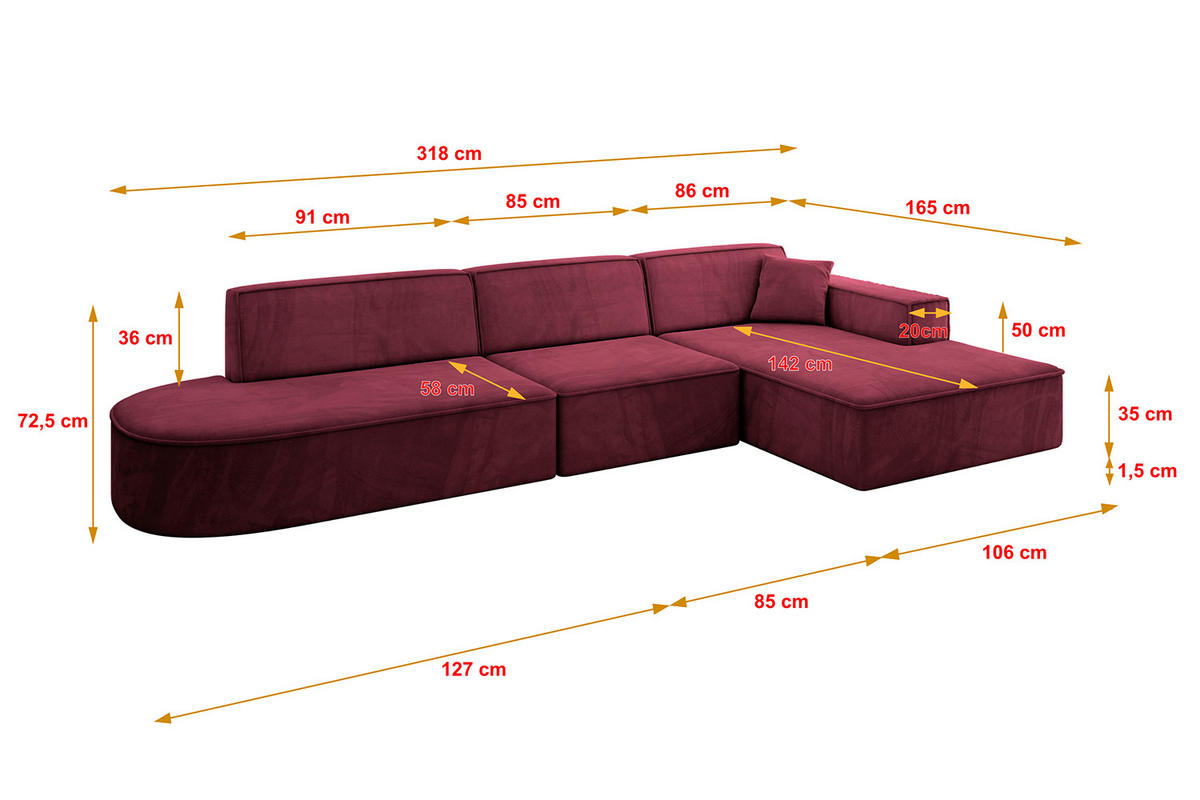 ECKSOFA Ottomane Rechts IREA-L2-v4 - 318x165x72,5 cm Bordeauxrot - Bordeaux, Holzwerkstoff/Textil (318/165cm) - ALTDECOR