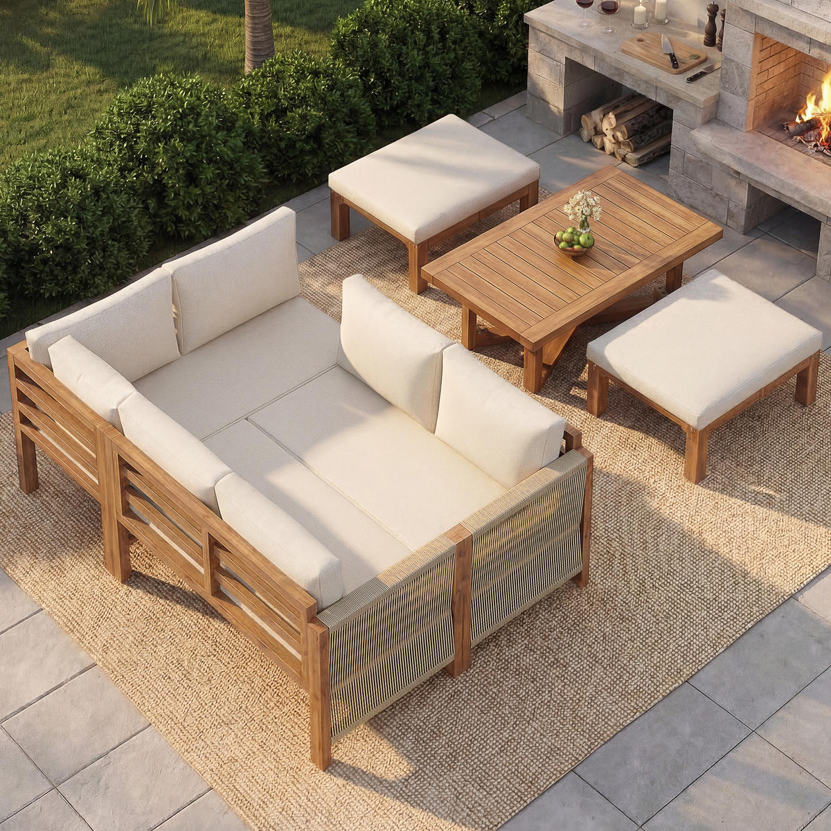 LOUNGESET 227/175/67 cm beige aus Akazienholz modular mit Kissen - Beige, Holzwerkstoff - OKWISH